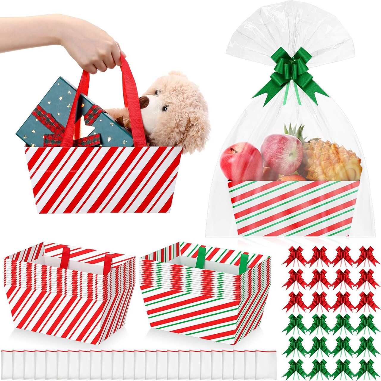 24 Pcs Christmas Baskets For Gifts Empty Gift Basket Kit with 24 Plastic Bags and 24 Pull Bows DIY Gift Packages 9.8 x 6.5 x 4.3 Inch Cardboard Basket for Xmas Birthday (Red Green,Stripe Style)